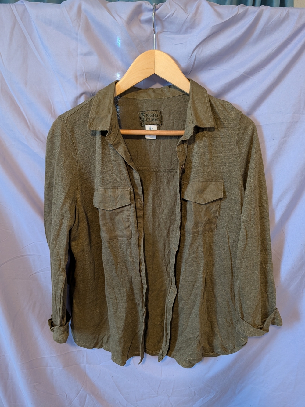 Sigrid Olsen 100% Linen Button Up Collared Shirt Top Khaki Green